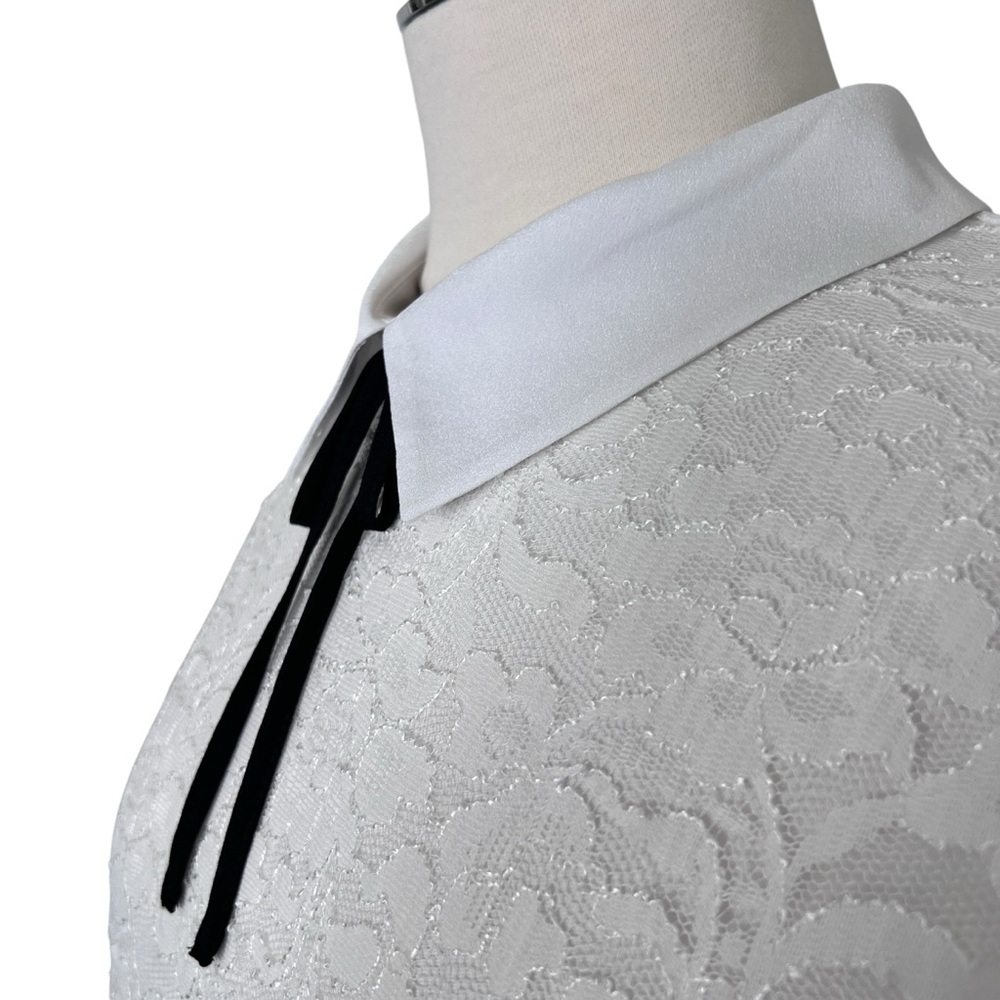 KARL LAGERFELD Peter Pan Collar Black Tie Short Sleeve Lace Top Blouse White M - Picture 4 of 17